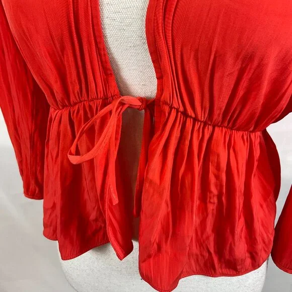 Wilfred Tie Top S Cherry Orange-Red Pucker Pleats Long Sleeve - Picture 5 of 11
